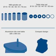 K80 spindle set and table inlay sizes for Scheppach oscillating grinding machine with aluminium die-cast table