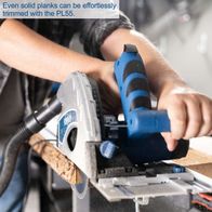 Scheppach PL55 plunge saw featuring precise track and effortless trimming of solid planks