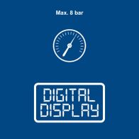 Digital display showing maximum pressure of 8 bar for pressure gauges