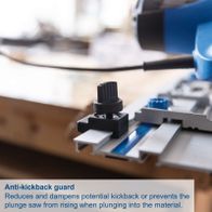 Anti-kickback guard for plunge saw; reduces and dampens potential kickback