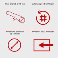 Technical specs: Cuts up to 45 mm branches at 4200 RPM, 180 mm blade diameter, 2400 W powerful motor
