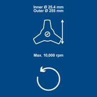 Technical specs: Inner diameter 25.4 mm, outer diameter 255 mm, max speed 10,000 rpm