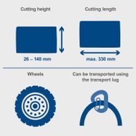 Technical details: cutting height 26–140 mm, max. cutting length 330 mm, with wheels and transport lug