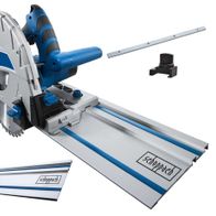 Plunge saw PL75 Scheppach - 1600W with accessories, saw blade Ø210mm, 36 T, viewed from an oblique top angle.