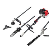 Multitool garden machine with motor attachments including chainsaw, hedge trimmer, and cutting head