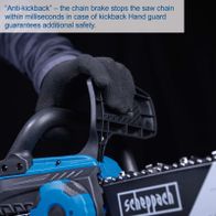 Scheppach cordless chainsaw featuring anti-kickback system with rapid chain brake