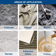 Materials including concrete, plaster, mortar, render, tile adhesive, and wall colouring solutions