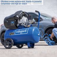 Scheppach compressor featuring a 50-litre tank and 412 l/min airflow, double-cylinder with pressure regulator for efficient air supply