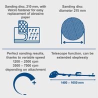 Wall and ceiling sander with variable speed attachments, telescopic arm, and sanding discs of 210 mm and 215 mm diameter