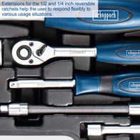 1/2 and 1/4 inch reversible ratchet extensions for flexible tool use in Scheppach’s TB94 tool kit