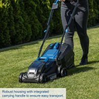 Robust housing with integrated carrying handle for easy transport of a Scheppach battery lawnmower.