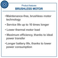 Brushless motor features: maintenance-free operation, extended service life, lower thermal load, maximum efficiency, longer battery life due to ideal power transfer and reduced consumption