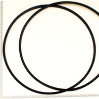 Two black V-belts with measuring tape for width reference