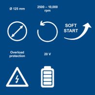 Cordless angle grinder with 125 mm disc, speed range 25,000–100,000 rpm, soft start, overload protection, 20 V