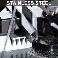 Band saw with metal band cutting, highlighting precision and sturdy construction