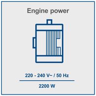 Engine power specifications: 220–240V AC, 50 Hz, 2200W for wood splitting tool