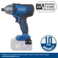Scheppach cordless impact driver featuring a 10-year warranty, 20V battery platform, 4.0Ah Li-ion battery