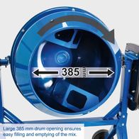 Large 385 mm drum opening for easy filling and emptying of the mix