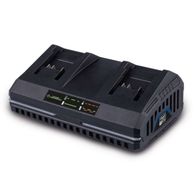 Scheppach twin charger with LED display, wall mount, showing charging times for batteries