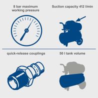 Scheppach HC52DC air compressor specs: 8 bar max pressure, 412 l/min suction capacity, 50L tank, quick-release couplings