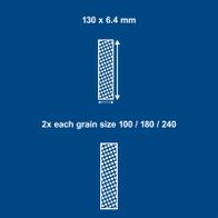 Sanding belt set with dimensions 130 x 6.4 mm, featuring 2x K100, 2x K180, and 2x K240 grain sizes