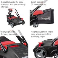 Electric scarifier featuring foldable handle, 30-litre basket, and height-adjustable scarifying depth