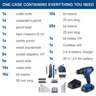 Tool case featuring cordless drill set with battery, charger, measuring tools, punch, drill bits, and bit inserts for wood and metal