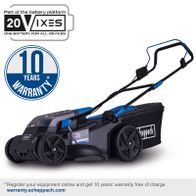 Scheppach cordless lawn mower with 20V battery platform, 10-year warranty, featuring 2x batteries and charger
