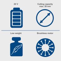 Key features: 20V cordless pruning shear with 28 mm cut capacity, brushless motor, lightweight, battery and charger included