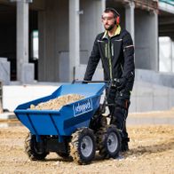 Scheppach dumper with tiltable container, all-terrain drive, forward/backward gears for material transport.