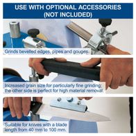 Water-cooled grinding system showcasing features: beveling edges, pipes, and gouges; fine grinding with dual-sided grit; whetstone for knives (40–100 mm blade length)