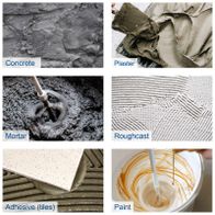 Materials: concrete, plaster mortar, screed, paint, tile adhesive