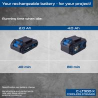 C-LT300-X cordless strimmer showing battery runtime comparison for 2.0Ah and 4.0Ah (40/80 minutes)