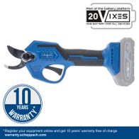 Scheppach cordless pruning shears featuring a 10-year warranty, 20V lithium-ion battery, with 15mm and 28mm blades