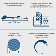 Wall and ceiling sander with extendable telescopic arm up to 1700 mm and detachable disc holder for 210 mm disc with Velcro attachment