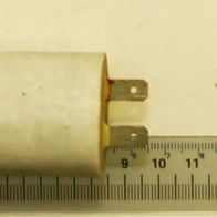 A Scheppach condenser 16µF / 450V next to a ruler for size reference. The condenser is shown from the side.