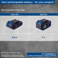 Cordless grass and hedge trimmer featuring 4.0Ah battery and 7-hour runtime