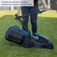 Foldable handle for easy transport and space-saving storage of a battery-powered lawnmower set