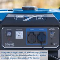 Scheppach generator featuring integrated voltage meter, oil level warning, and overload protection for safety.