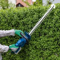Person using an electric hedge trimmer on a green hedge