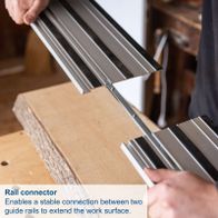 Rail connector for stable connection between two guide rails to extend the work surface