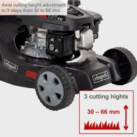 Scheppach petrol lawn mower with adjustable cutting height from 30 to 66 mm in three settings