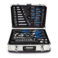 Scheppach TB150 tool kit case containing a 101-piece tool set including sockets, wrenches, pliers, and specialized tools for mechanical repairs and assembly tasks.