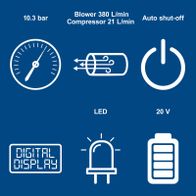 Key technical features: pressure gauge, airflow rate, LED display, USB ports, battery, 20V power tool, auto shut-off