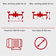 Technical specs for electric tillering tool: 36 cm width, 22 cm depth, 1050 W motor, 205 mm blade diameter