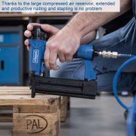 Scheppach air compressor with large air tank for efficient nailing and stapling, ergonomic handle for control