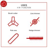 Multitool illustration showing Brush Cutter, Line Trimmer, Hedge Trimmer and Pole Saw functions