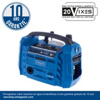 Scheppach Hybrid Airforce 6 compressor featuring a 10-year warranty, battery platform for versatile devices, with 12V/20V/230V output