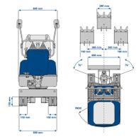 Technical drawing showing dimensions for mounting and alignment of a Scheppach tool with 70° tilt angle and 690 mm track width
