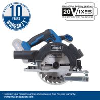 Scheppach cordless circular saw featuring 10-year warranty, 165mm blade, 9200 RPM, LED lighting